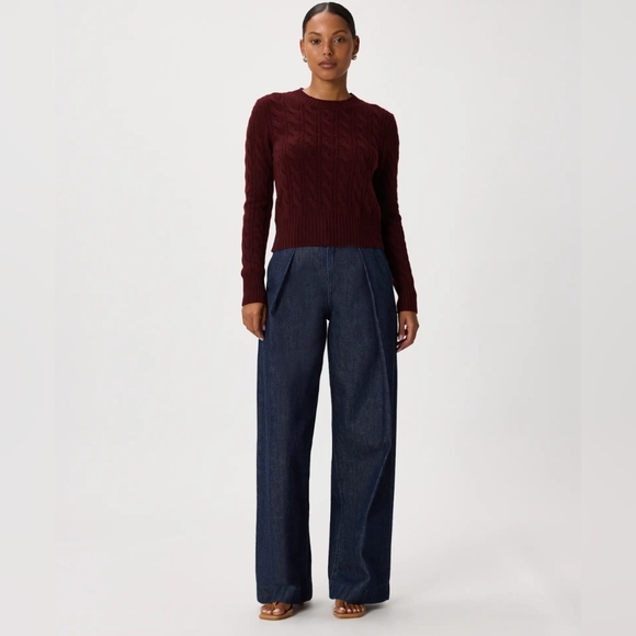 Quince Sweaters - Quince 100% Mongolian Cashmere Shrunken Cable Crew Neck Sweater Rich Burgandy L